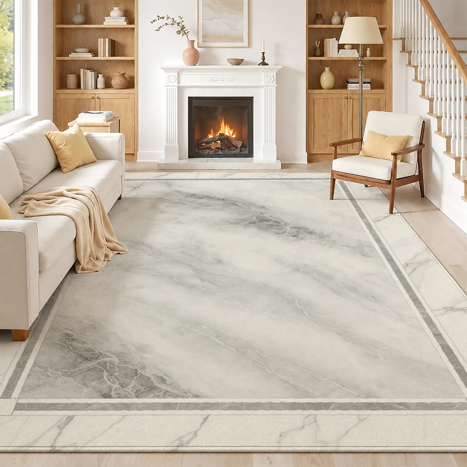 Large Indoor Area Rug, Soft Velvet Low Pile Rug with Elegant Marble Pattern, Non-slip Dotted Backing, Machine Washable for Living Room, Bedroom, Entryway