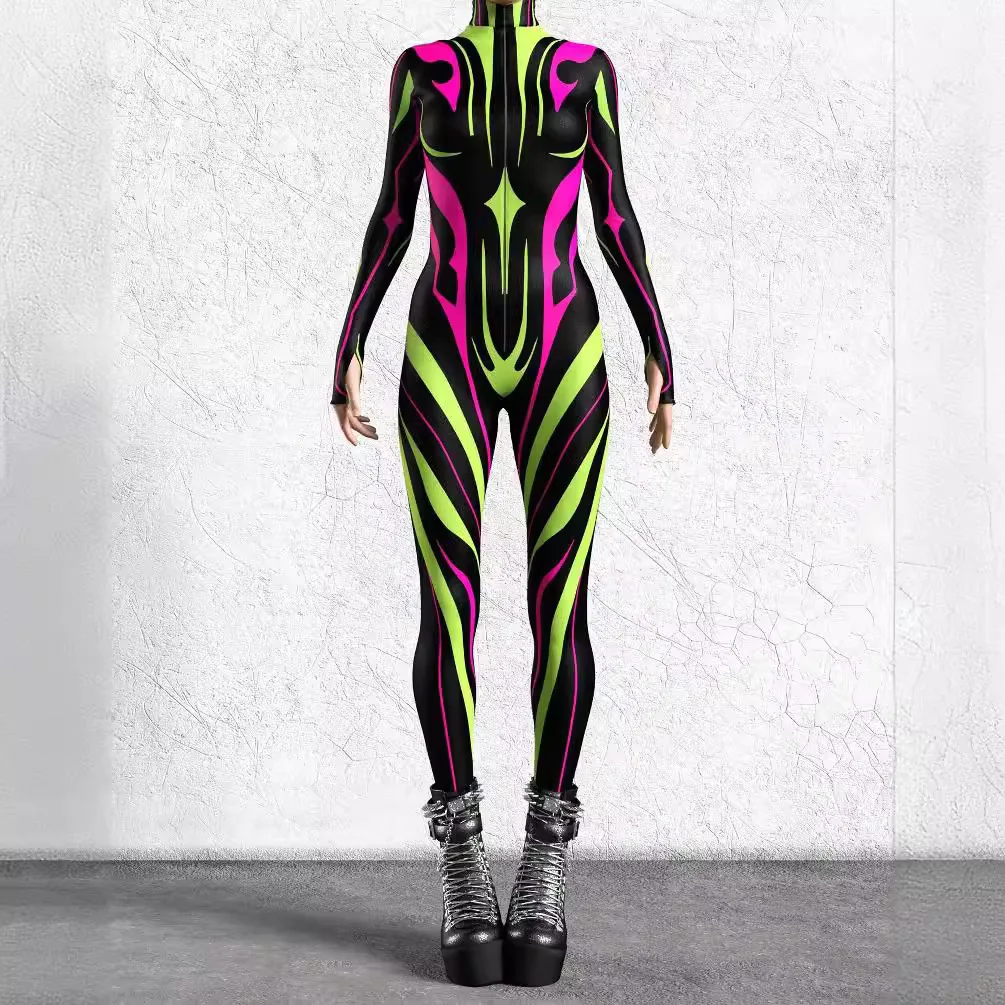 S-4XL Punk Graffiti 3D Digital Printing Jumpsuit Women Sexy Zipper Bodysuits Rompers Halloween Cosplay Costume