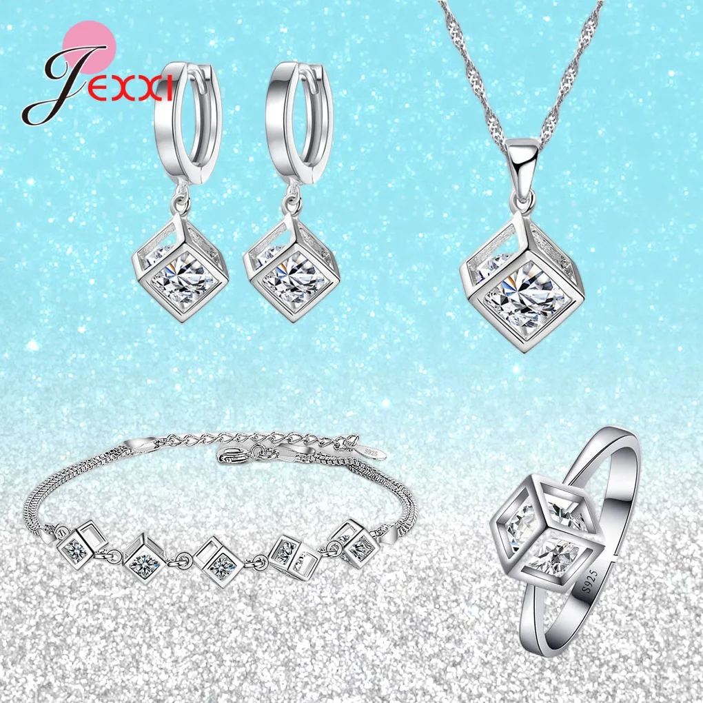 100% Real Pure 925 Sterling Silver Jewelry Set for Women Birthday Valentines Christmas Gift High Quality Cube Zircon with S925