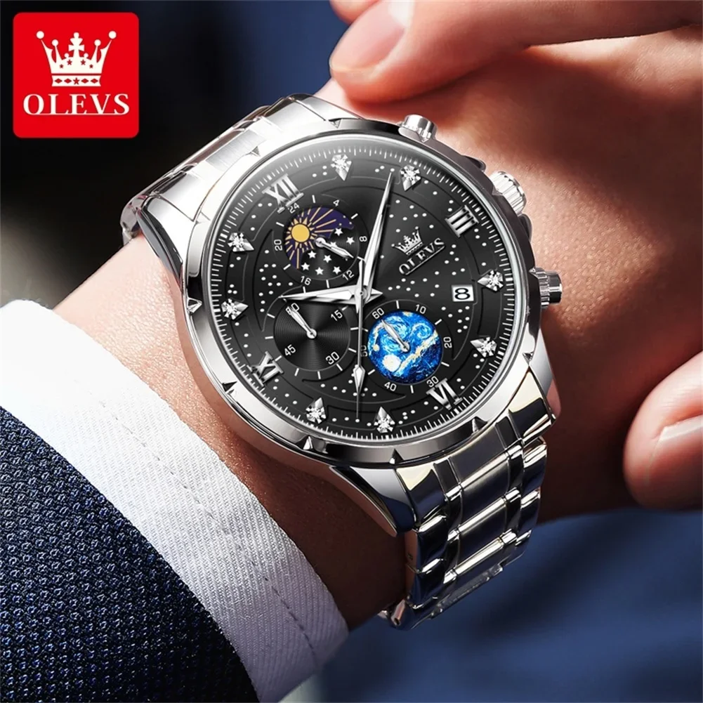 Olevs 9807 relógios masculinos relógio de quartzo original para homem multifuncion cronógrafo aço inoxidável à prova dwaterproof água luminosa reloj hombre