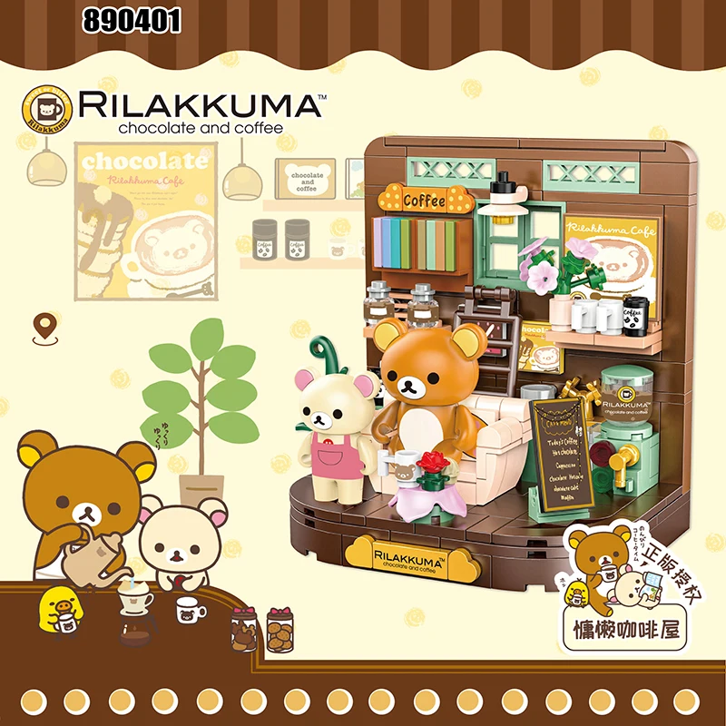 Creative Rilakkuma Bear Coffee Shop DIY Miniature Furnitures Building Blocks Architecture Micro Assemble Brick Toy Kid Girl Gift