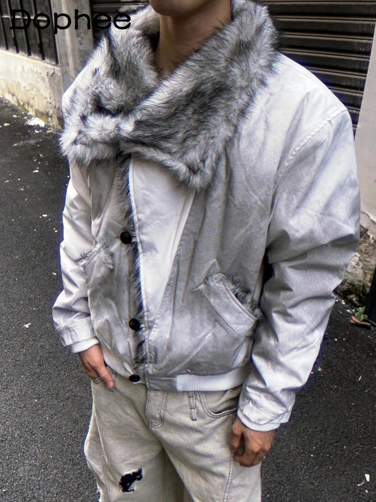 

Men Women 2025 Autumn Winter New Trend Coat Handsome Thickened Cotton Jackets High Street Contrast Color Faux Fur Collar Jackets