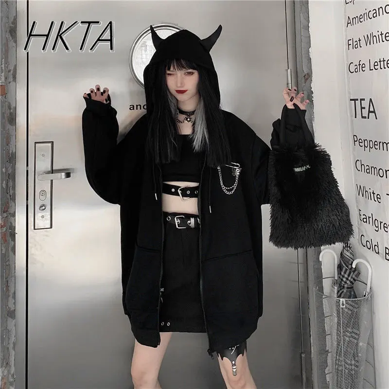 Harajuku Punk Gothic Girls Black Coat Autumn Winter Women Devil Horn Hoodies Sweatshirt Hooded Japanese Hip Pop Jacket Y2k Top