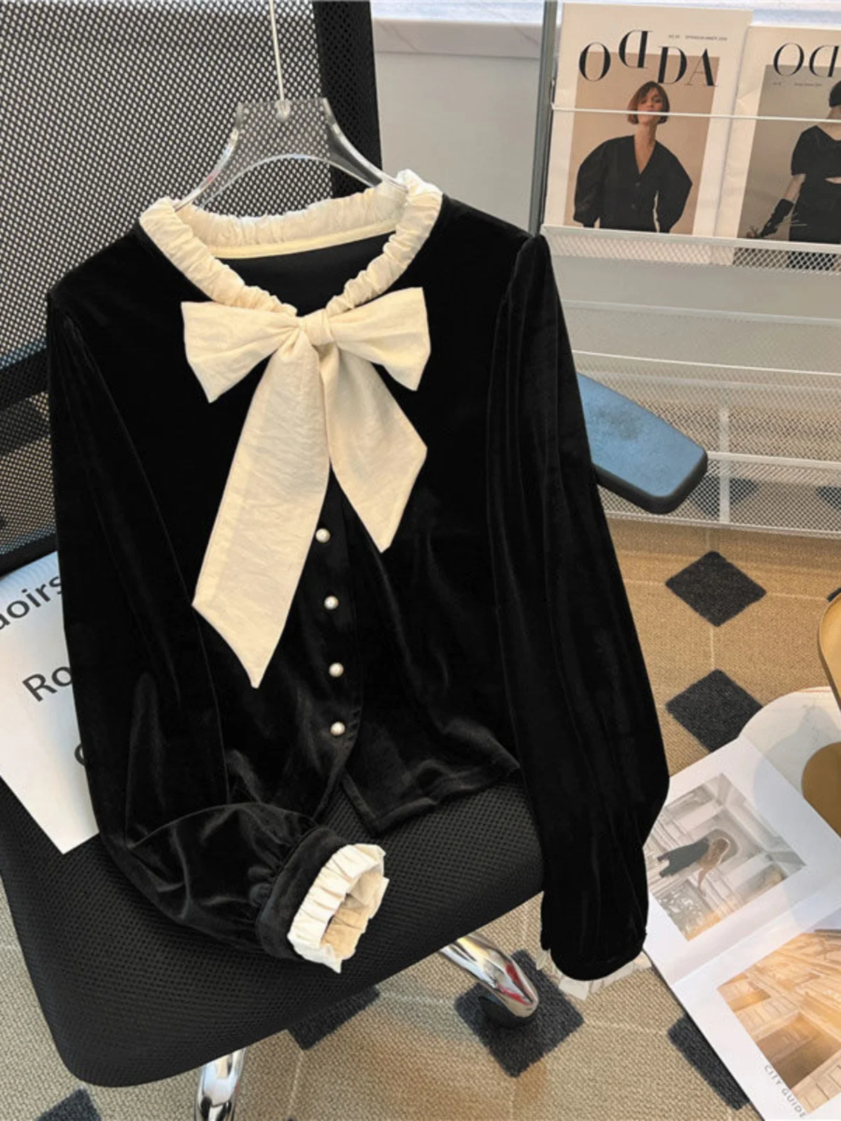 

Heben Knot Velvet irt Women's ort Sle Single Button Autumn Winter Bla Top Korean Loose Fit Long Sve roun...