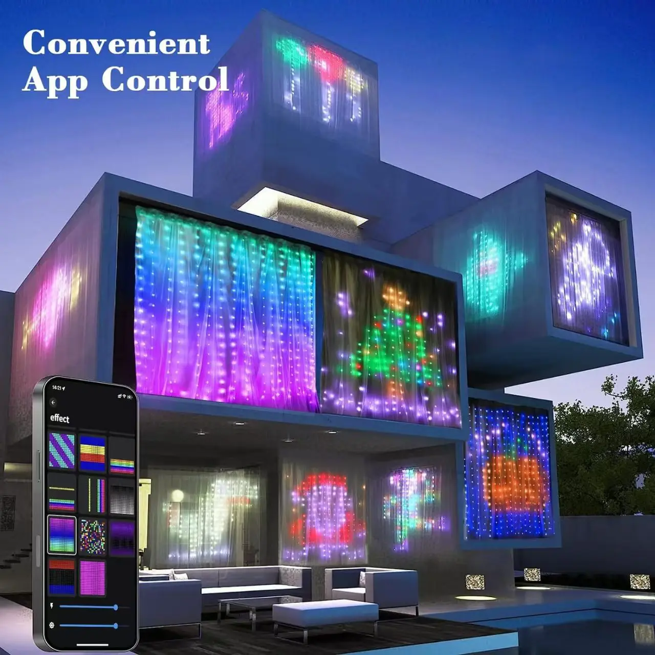 

LED String Smart Curtain Lights Bluetooth App Control USB Fairy Light RGBIC Waterproof DIY Text Pattern Display Party Room Decor