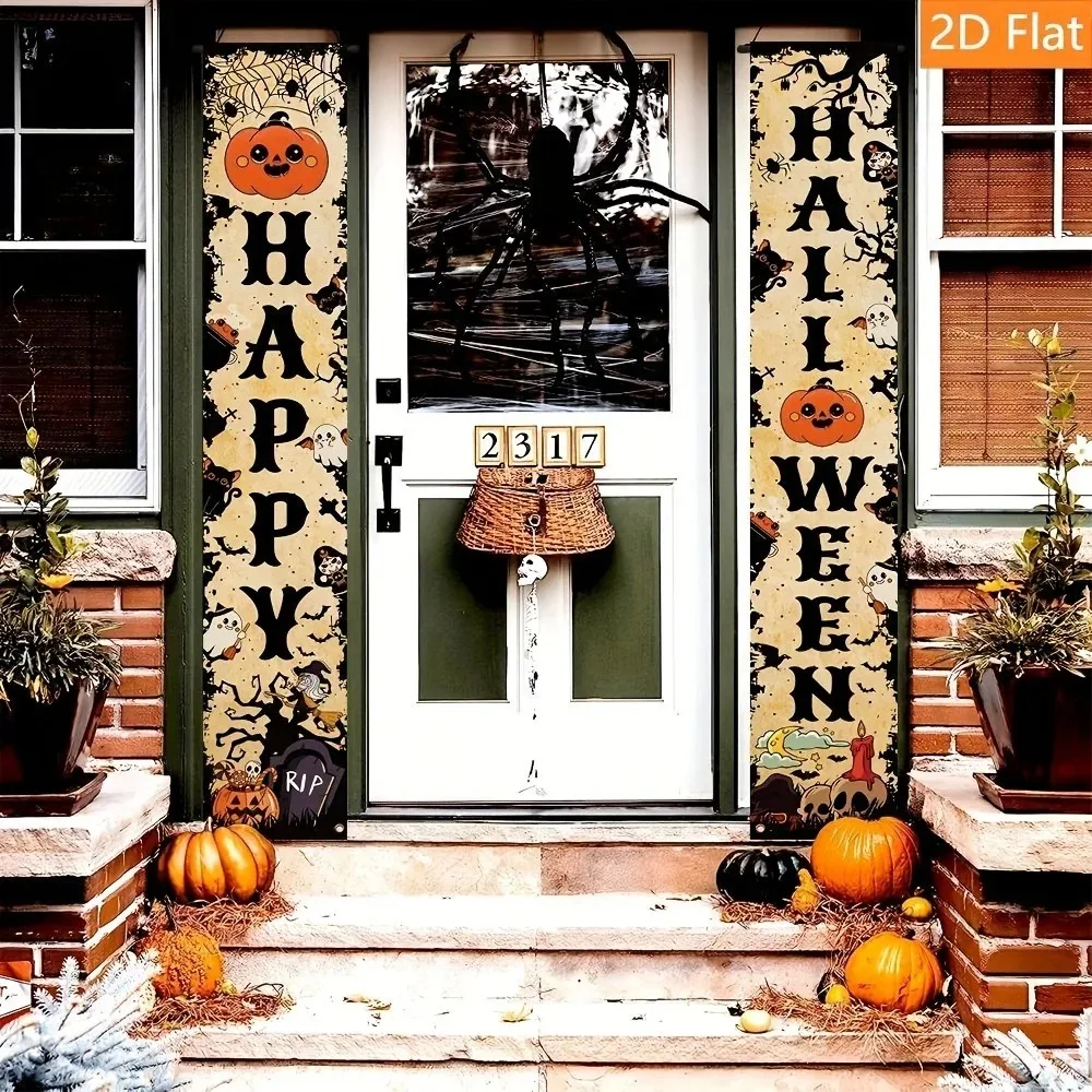 Happy Halloween Vertikales Verandabanner-Set Vintage Kürbis Geist Spinne Totenkopf Fledermaus Türdekorationen für Halloween Hängedekorationen – Detail 7