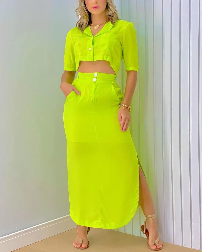 

New Style 2024 Spring Summer Womentwo-Piece Set Fashion Solid Color Buttoned Crop Half Sleeve Top & Casual Split Hem Skirt Set