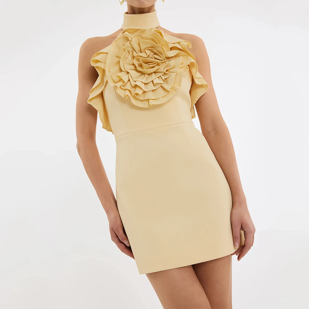 

Индивидуальное мини-платье-колонна с вырезом халтер, 3D-цветами и оборками, короткое вечернее платье для женщин, без спинки, современное платье для вечеринок