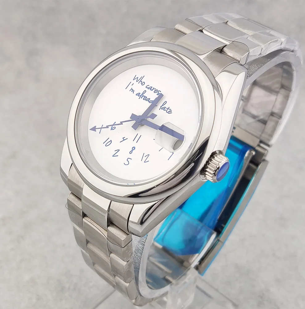 36 مللي متر/39 مللي متر ساعة NH35 ساعة من يهتمني بالفعل متأخر ساعة الأزرق الهاتفي الفولاذ المقاوم للصدأ الياقوت الكريستال ساعة مقاومة للماء
