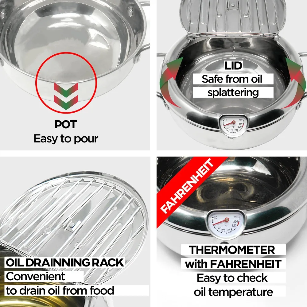 Freidora de acero inoxidable con termómetro Fahrenheit, olla pequeña para freír con estante de drenaje de aceite