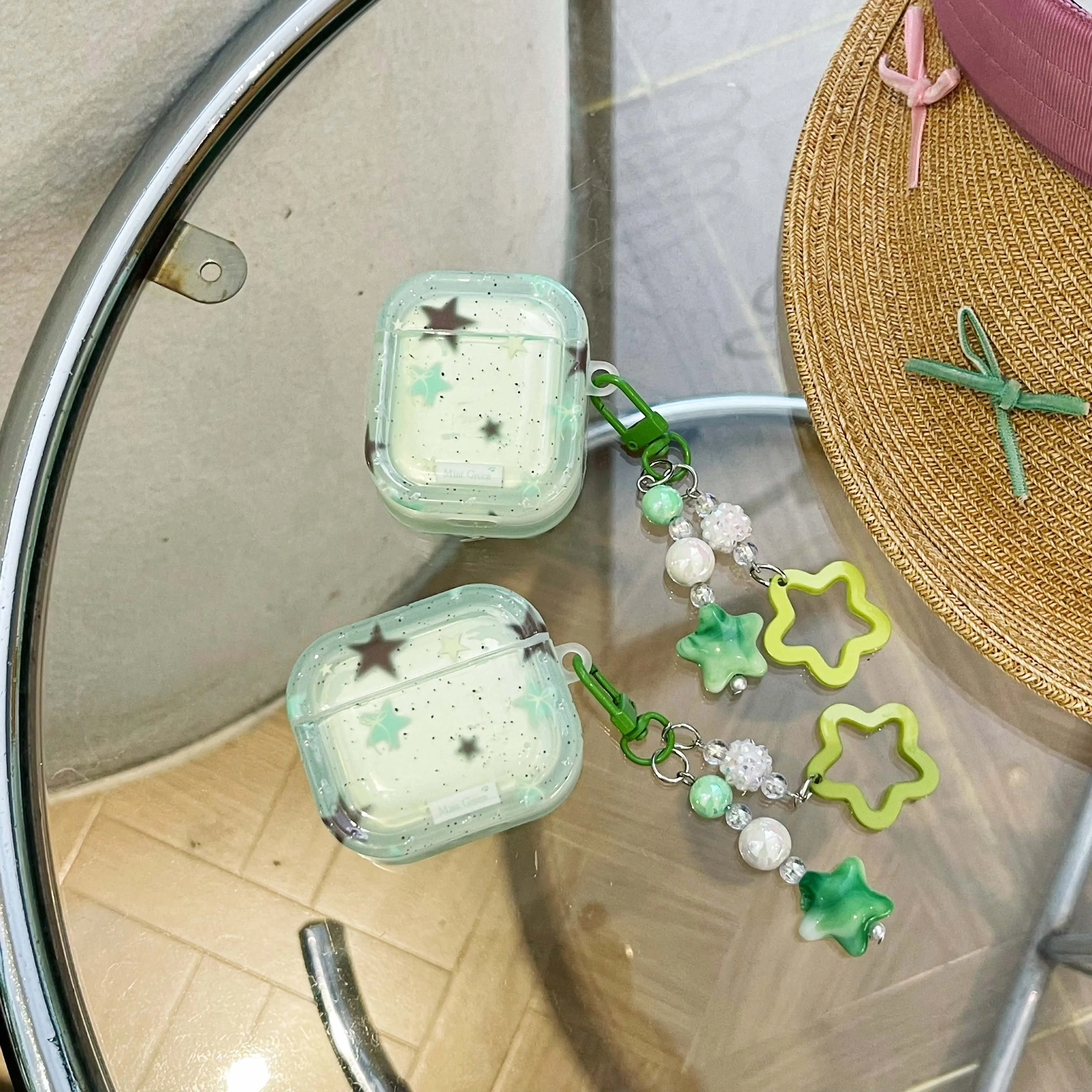 Mint green summer transparent headphone case for apple airpods pro 1 2 3 pro2nd ink-splash stars laser pendant charging box