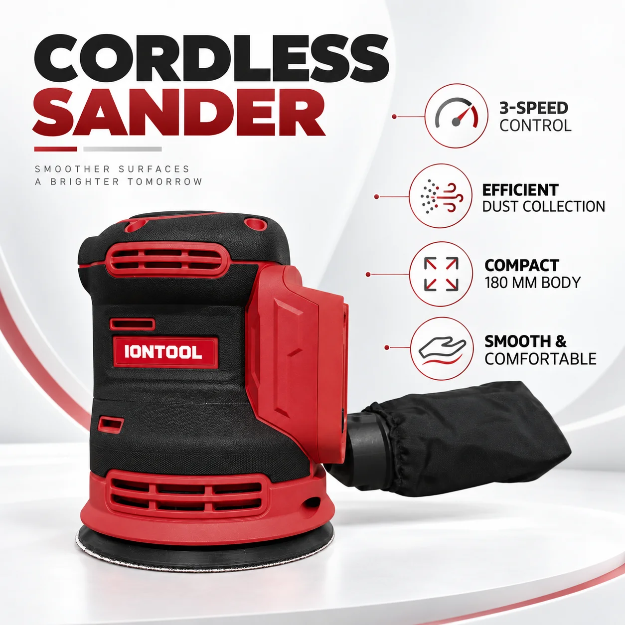 IONTOOL 180mm High Speed Cordless Sander Balanced Design for Wood Furniture and Cabinet Fine Sanding Household Unit