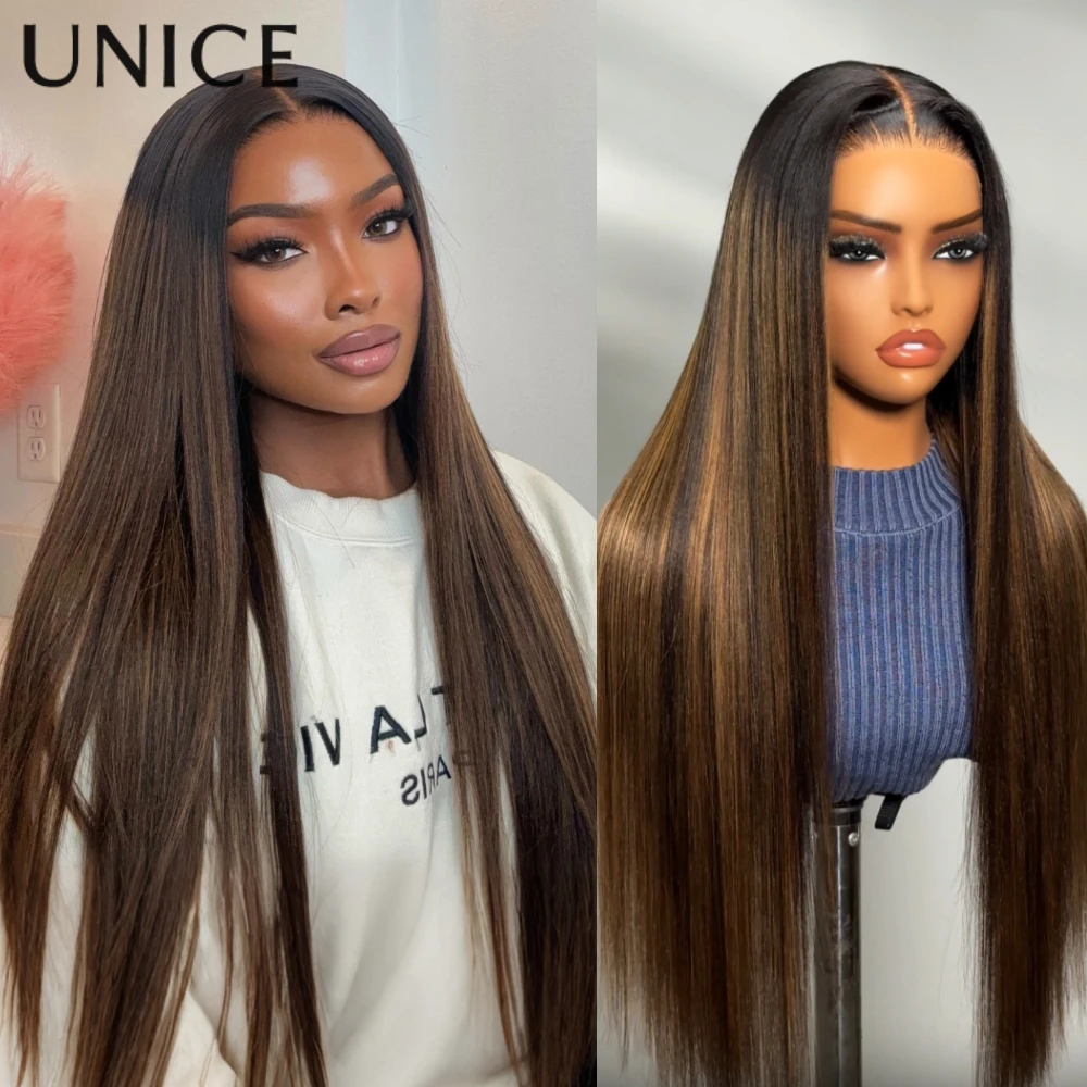 

UNice Balayage Highlights Yaki Straight Human Hair Wig 13x4 Pre Plucked Pre Cut Pre Bleached Gluless Wig 150% Density