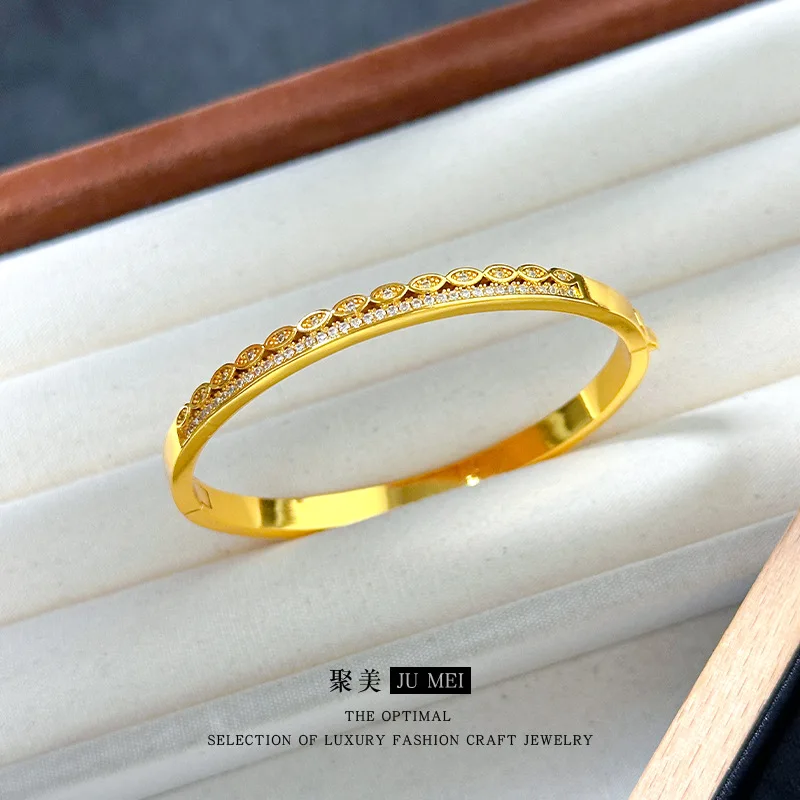 

Light Luxury 9999 24K Real Gold Fashionable Personalized Small Diamond Drawing Zircon Clamping Bracelet 18K Women's Bracelet