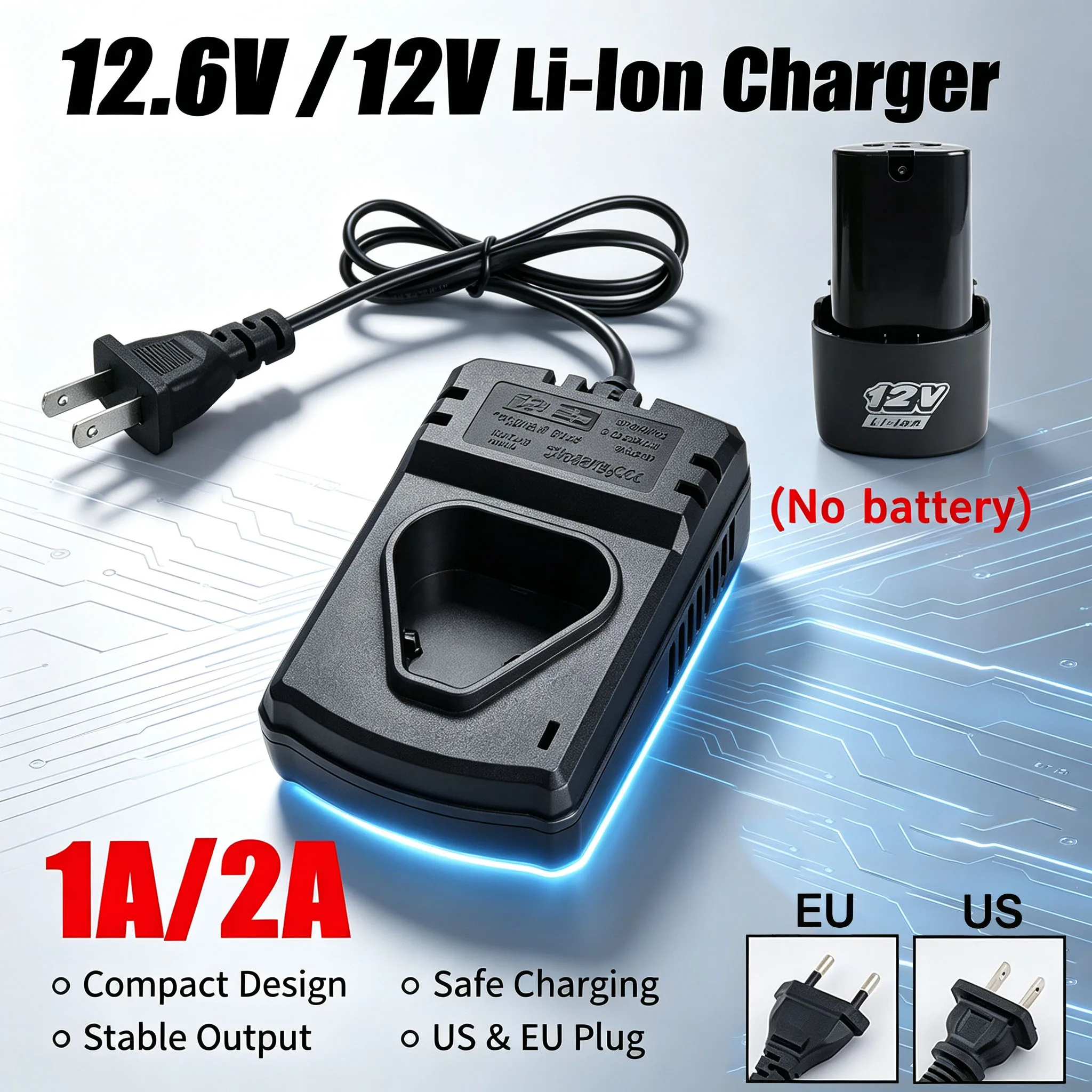 12.6V 1A/2A Lithium‑ion Battery Charger EU US Plug 3S Li‑ion Battery Pack Charging Dock Overcharge Protection for Cordless Power