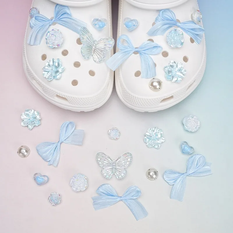 Bow Pearl Chain Shoe Charms Iris Flower Heart DIY Decor Accessories for Women Girls Hole Ballet Clogs Sandals