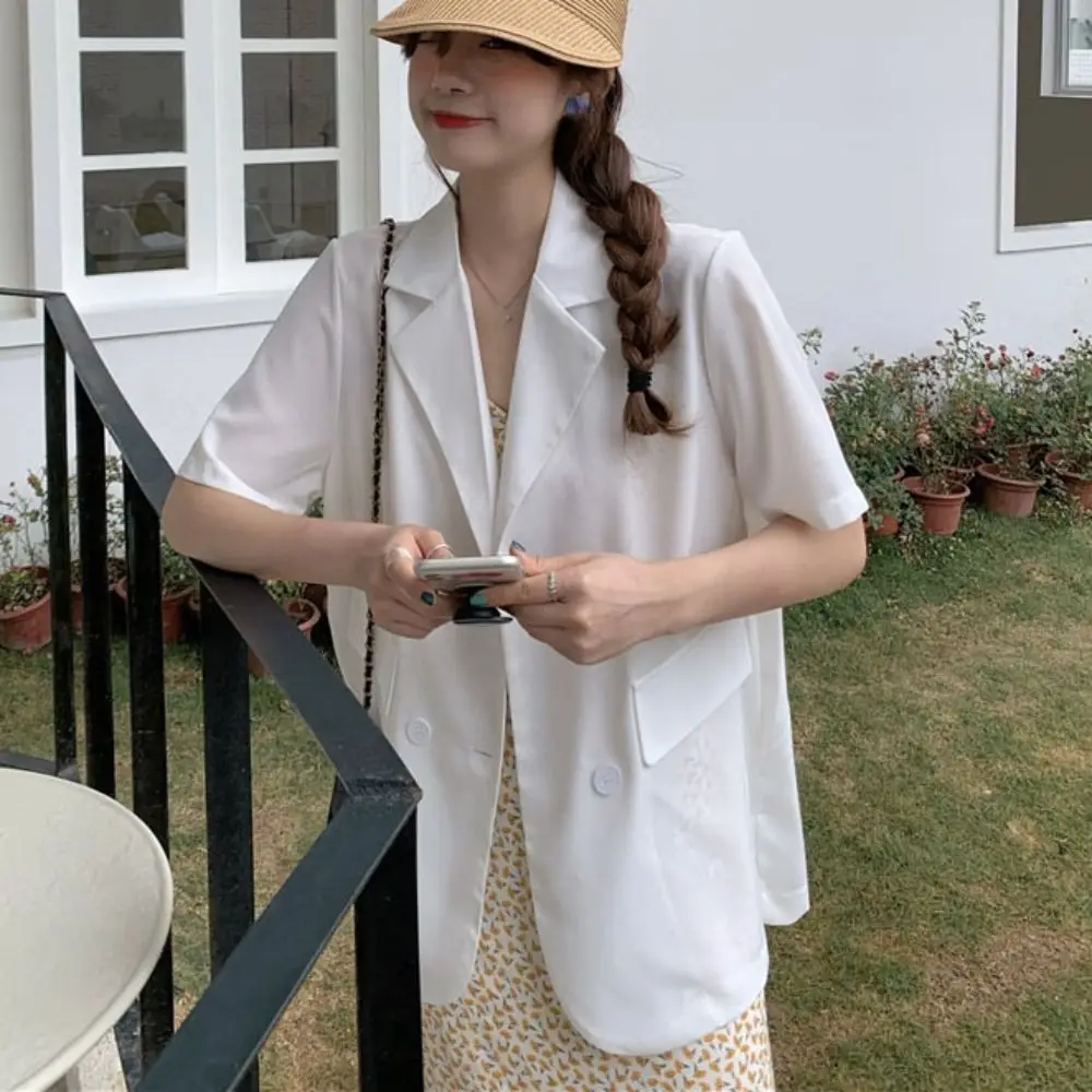 

V-neck Short Sleeve Suit Simple Thin Large Size Business Style Suit Coat Candy Color Flip Collar Women's Suit Top Streetwear