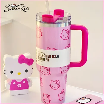 MINISO 40Oz 헬로 키티 스테인레스 스틸 절연 머그잔 핑크, 손잡이 빨대 머그잔, 대용량 보온병 음료, 콜라 커피 머그잔