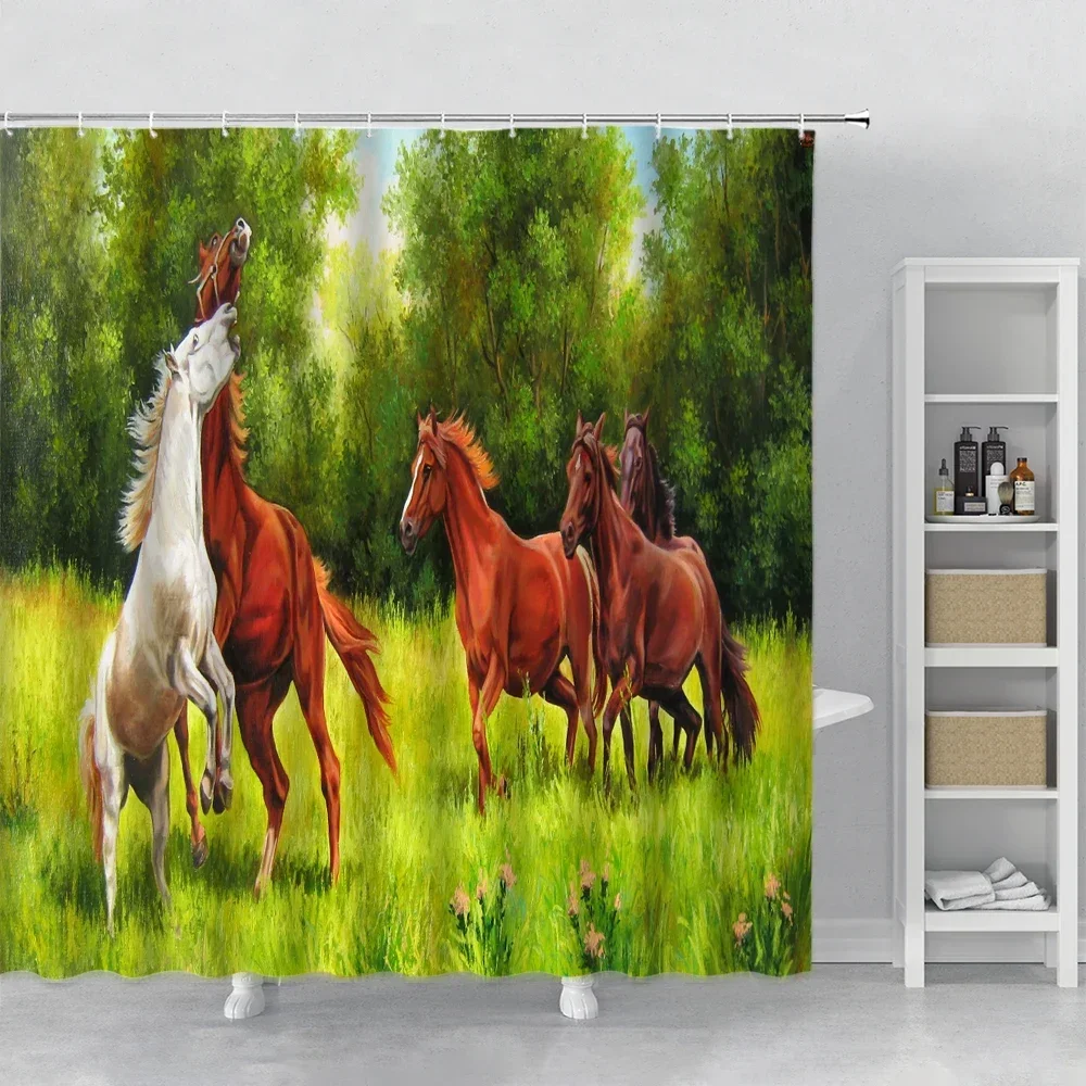 Western Horse Shower Curtain Watercolor Horses Run in Farm Field Animal Decor Shower Curtain Hooks Bath Curtain Polyester Fabric