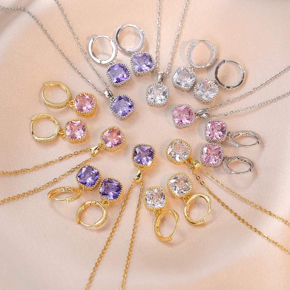 Cubic Zircon Jewelry Sets For Women Square Zircon Dangle Earrings Necklace Wedding Bridal Elegant Christmas Drop Shipping