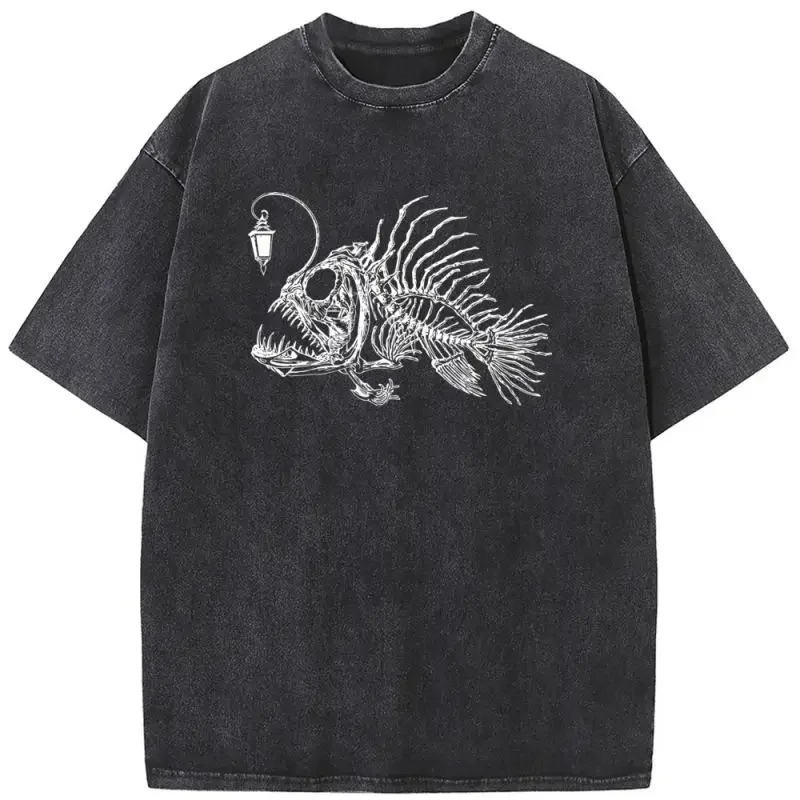 European and American Washed Retro Funny Fish Bone Cartoon Mechanical Printing Hip Hop Short Sleeve Loose Crew Neck T-shirt Top