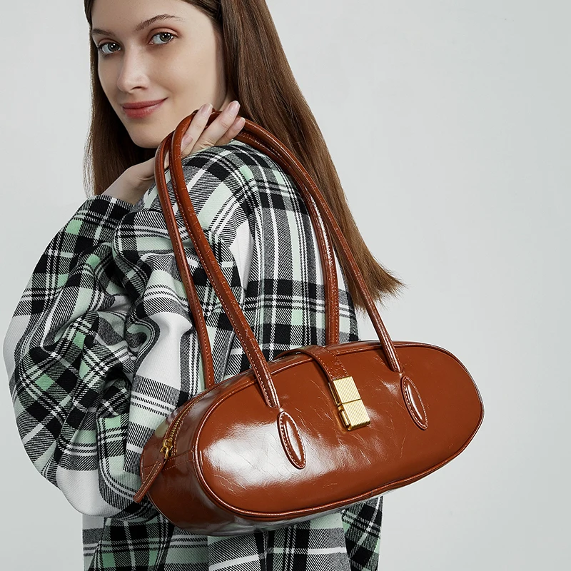 

Toptrends Cowhide Genuine Leather Underarm Shoulder Bags For Women 2025 Luxury Designer Party Bowling Tote Work Ladies Handbags
