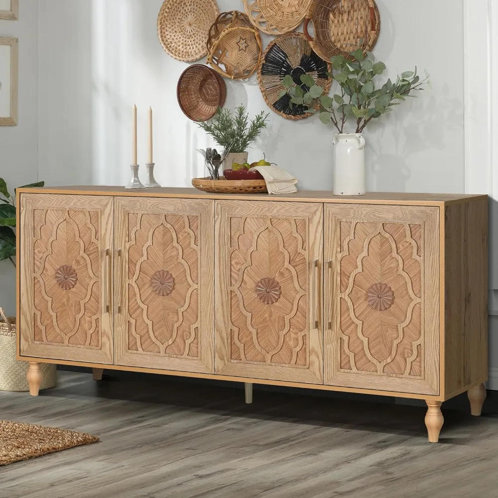 Sideboard Buffet Cabinet, Wooden Storage Cabinet with 4 Carved Flower Doors and Metal Handles, Retry Style Kitchen Sideboard