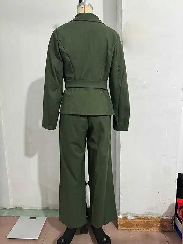 Damen-Wickelblazer-Anzug, zweiteiliges Set, mit Gürtel, V-Ausschnitt, langärmelige Jacke, Hose mit weitem Bein, schmal geschnitten, elegant, formell, für Büro und Partys. – Detail 8