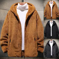 Winter Male Fleece Jacket Coat Plush Zipper Hooded Solid Soft Cold-proof Thermal Warm Hooded Coat Bomber Jackets for Outdoor