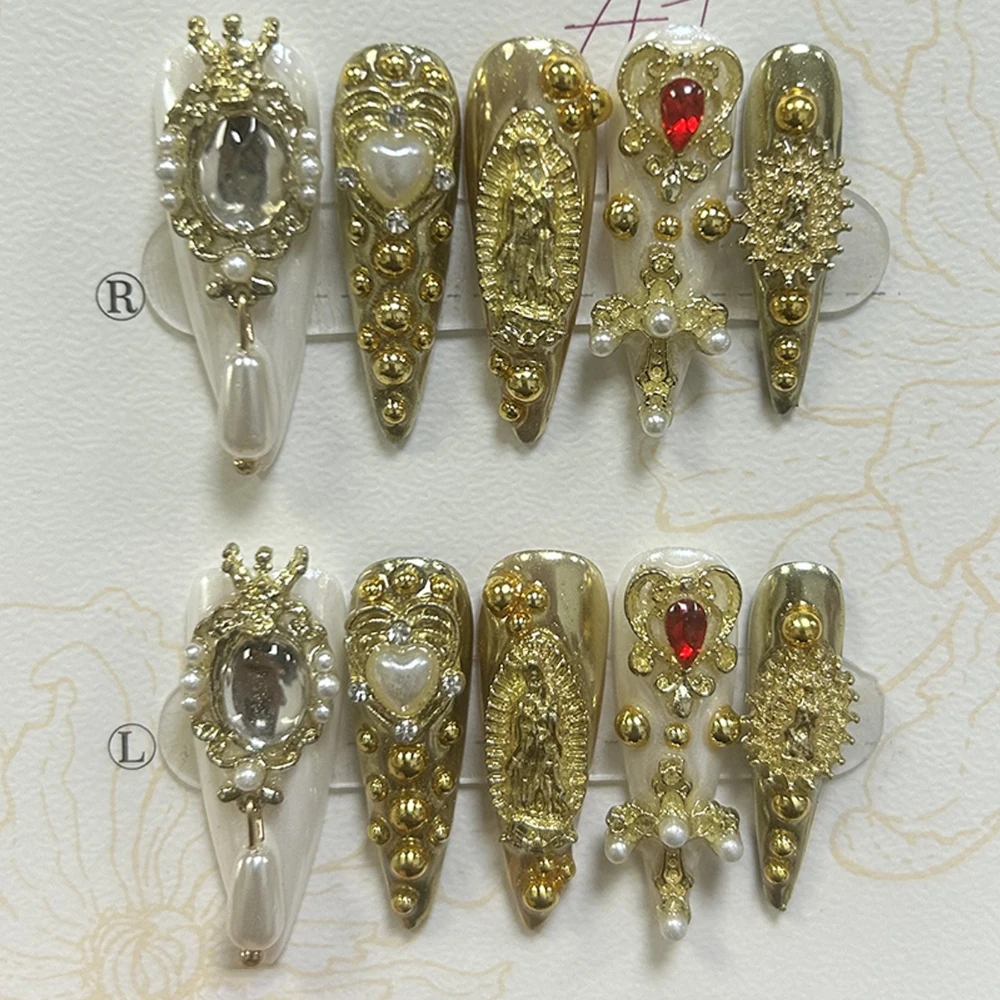 

10 шт., роскошные блестящие бриллианты в стиле суда, корона, ручная работа, накладные ногти, великолепные элегантные длинные заостренные накладные ногти девственницы