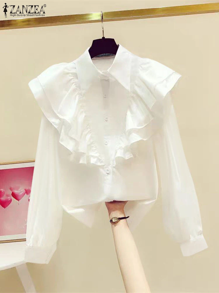 

ZANZEA Korean White Ruffle Shirt Women Elegant Buttons Long Sleeve Tops 2024 Autumn Fashion Ruffled Tunic Party Lapel Neck Blusa