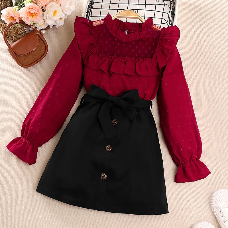 Girl's Spring And Autumn Suit Solid Color Long Sleeve Lace Hollowed Out Pleated Top And Belt Button Decorated Short Skirt Casual