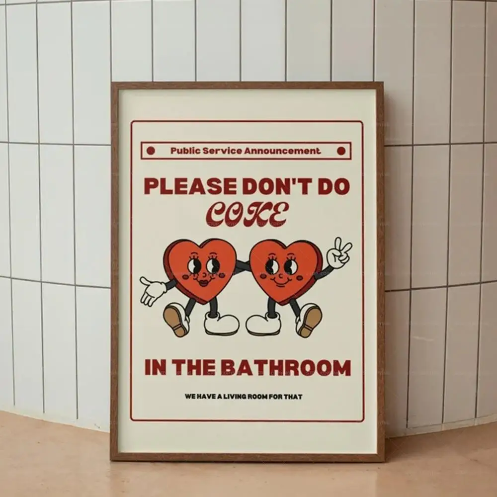 Retro Please Don't Do Coke In The Bathroom Animated Hearts Beige Groovy Wall Art Canvas Painting Posters Living Room Home Decor