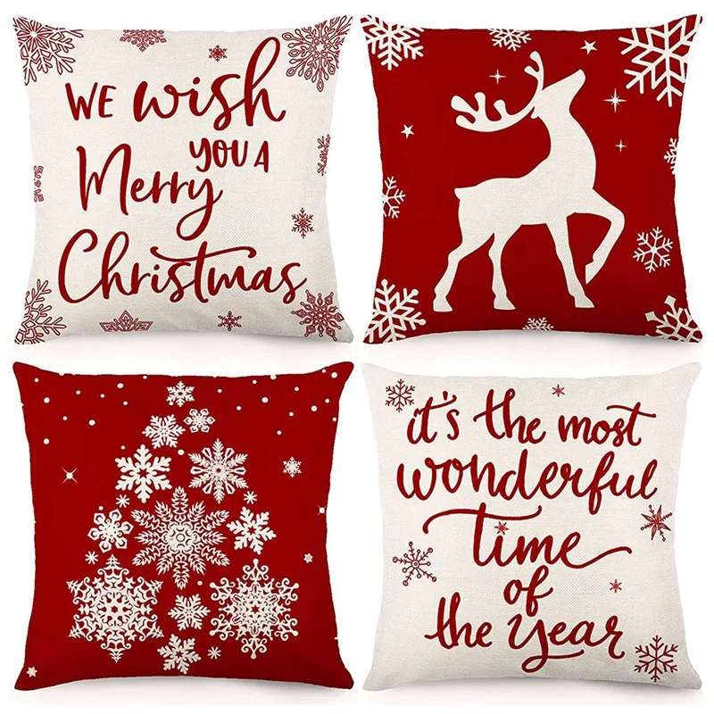 Christmas Pillow Covers 18X18 Set Of 4 Christmas Decorations Farmhouse Throw Pillowcase Cushion Case For Home Decor