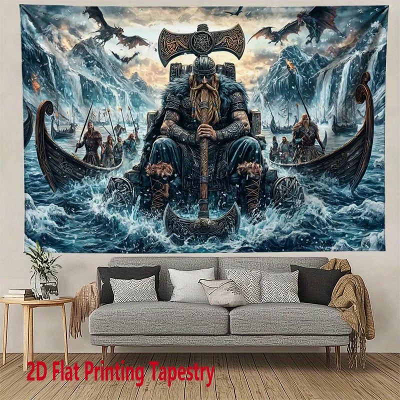 Viking Warrior Tapestry Wall Art Nordic Mythology Decor Viking Ship Battle Scene Home Decoration Living Room Wall Hanging
