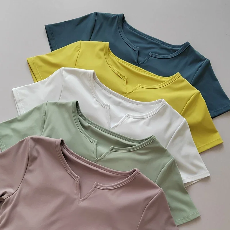 V 넥 넥타이 유방 패드 요가 정장 반팔 여성 체육관 여름 슬림 훈련 피트니스 탑 빠른 드라이 러닝 티셔츠 의류