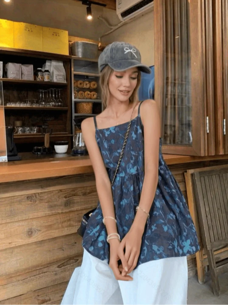 

American style spicy girl commuting casual elegant floral printed women's square neck tank top summer women's versatile top