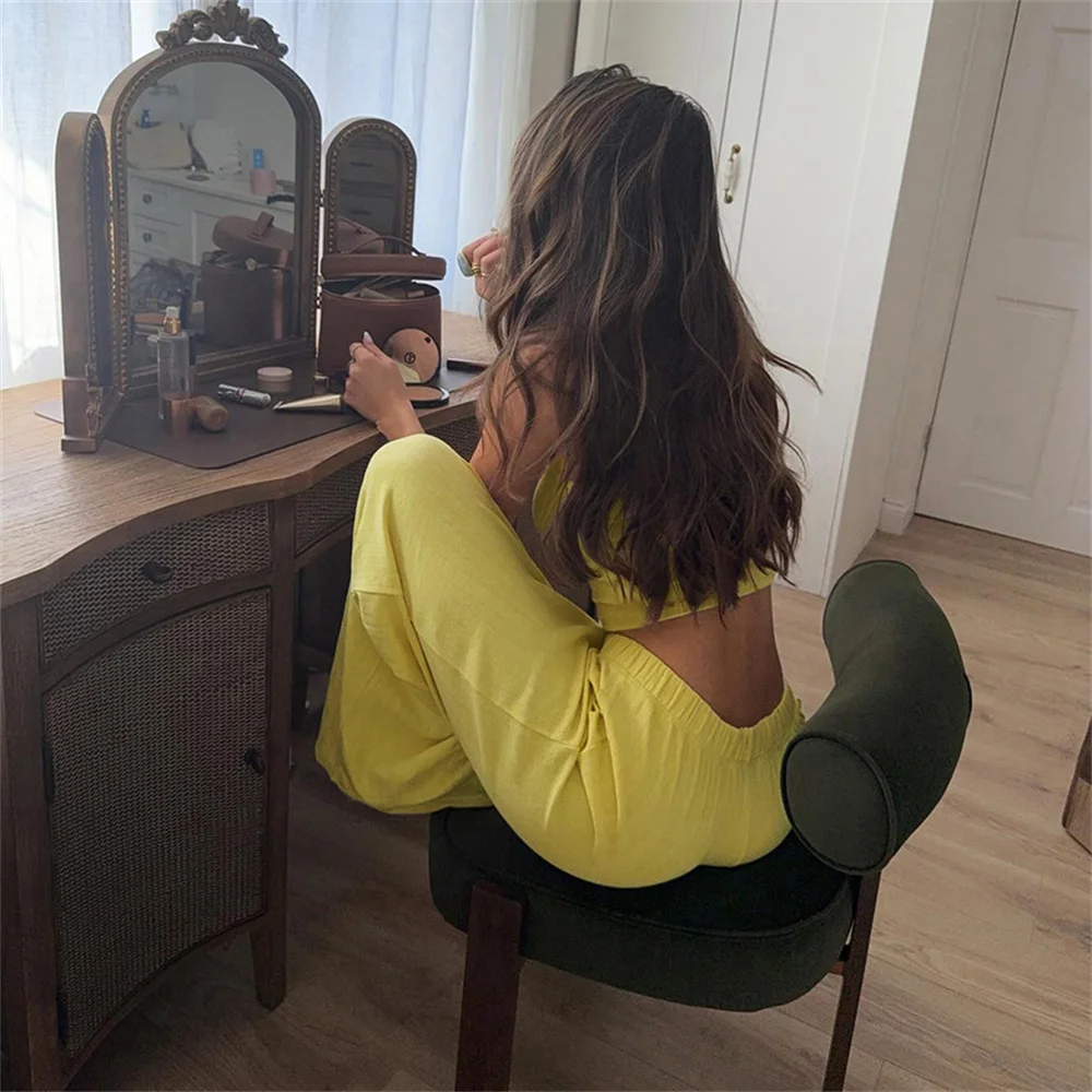 Casual Knit Long Pants Suits Summer Crop Top Vest With Wide Leg Pants Two Piece Sets Women Home Pink Sleepwear Female 2025 4