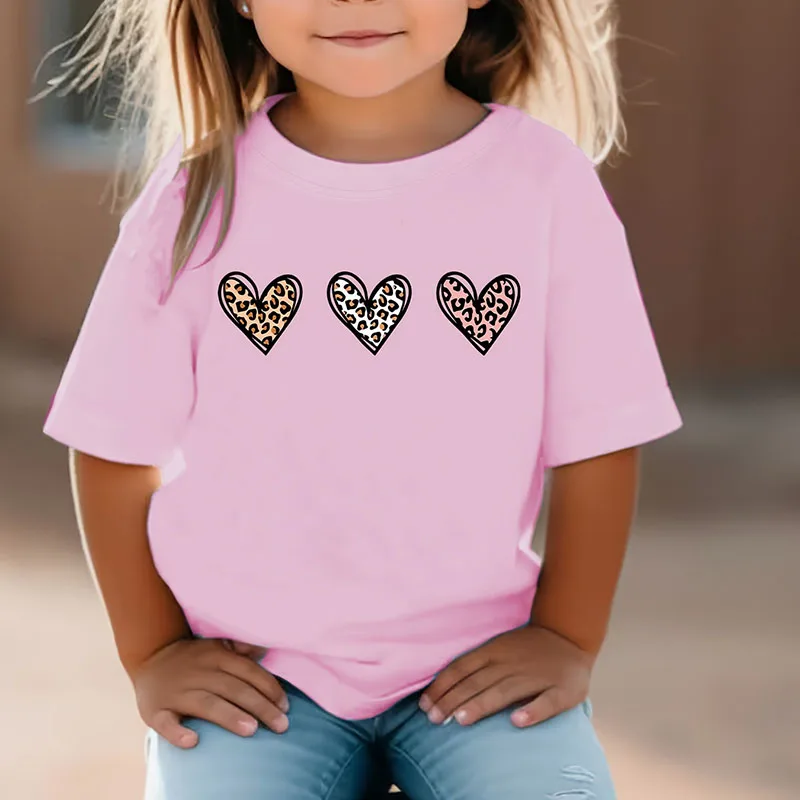 

1-8Y Baby Girl T-shirt Three Heart Print Kid Tops Summer Costume Short Sleeve Round Neck Base Shirt Cute Children Tees A1370