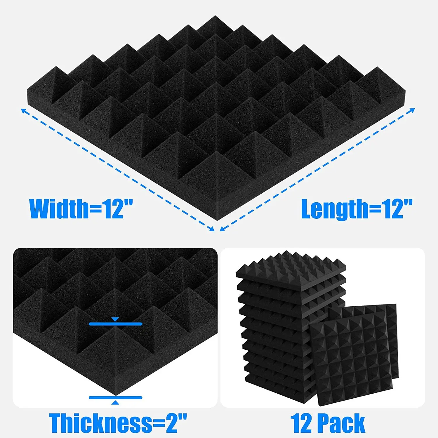 Panel busa kedap suara 12 buah, 2 inci x 12 inci x 12 inci panel akustik berbentuk piramida untuk dinding, Studio, rumah dan kantor
