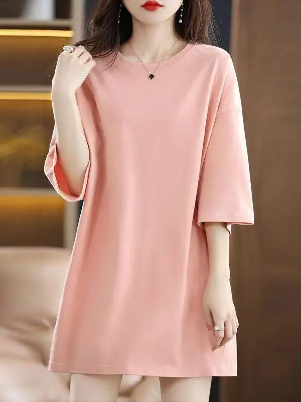 

European Sle Large Size Mid-Length Couple ort Sve T-irt Women's Clean Fit Cotton 00% Pure Color Summer Trendy Base ...