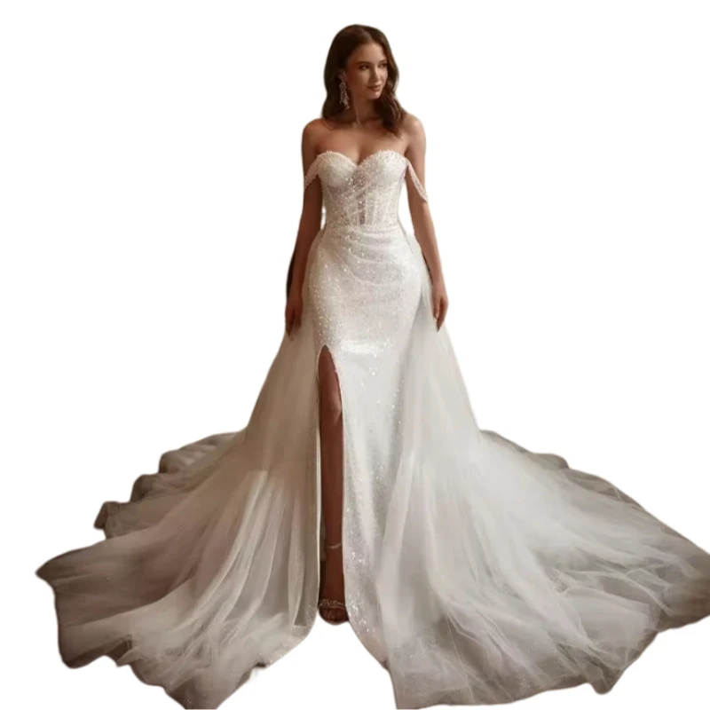 반짝이는 파란색 스팽글 긴 웨딩 드레스 사이드 슬릿 분리형 트레인 오프 숄더 럭셔리 신부 가운 맞춤형