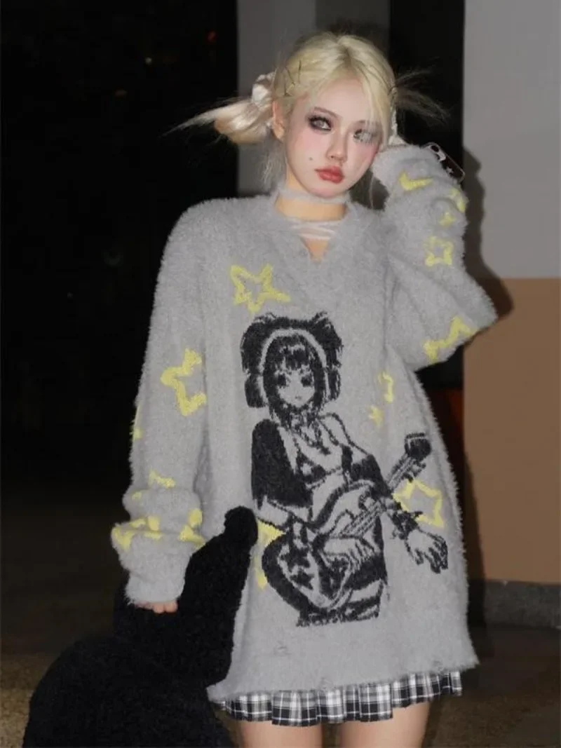 

Y2k Contrast Color Jacquard Mink Cashmere Women Pullovers V Neck Japanese Vintage Preppy Style Sweaters Sueter Mujer Lazy