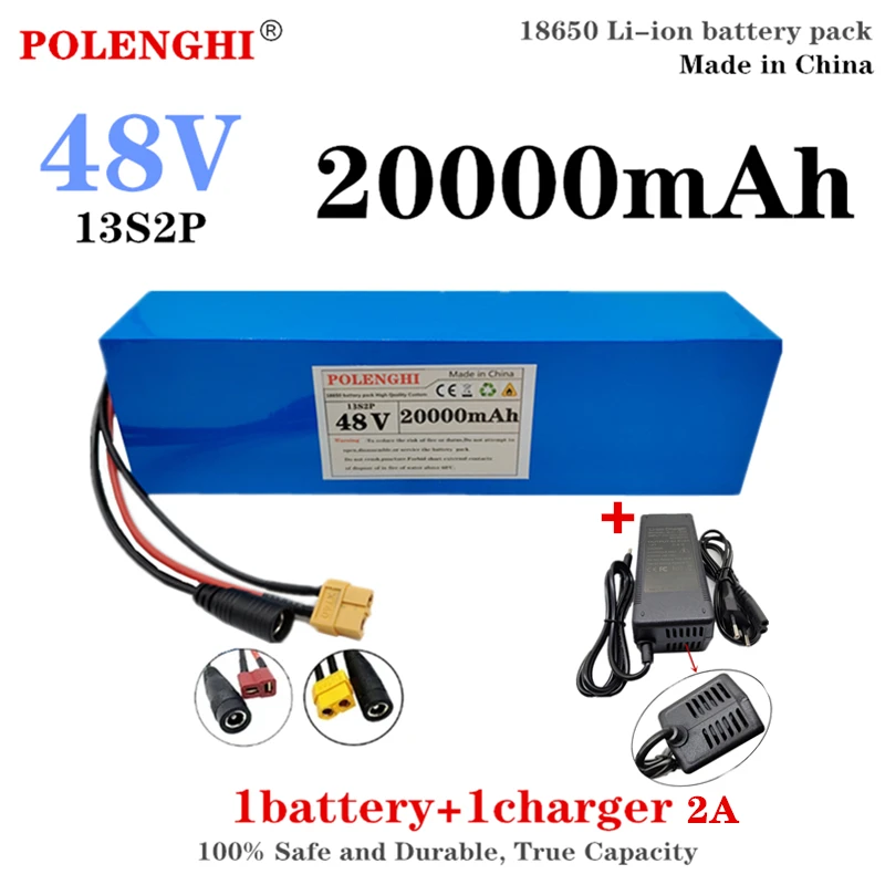 

True capacity XT60/T plug 48V lithium-ion battery pack 13S2P 20Ah built-in BMS, suitable for electric bicycle 54.6V 2A charger