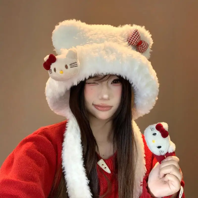 Kawaii Hello Kitty Plush Hat Sanrio Cute Girls Winter Sweet Thicken Warm Soft Hat Cartoon Fashion Bow Tie Hat Christmas Gift