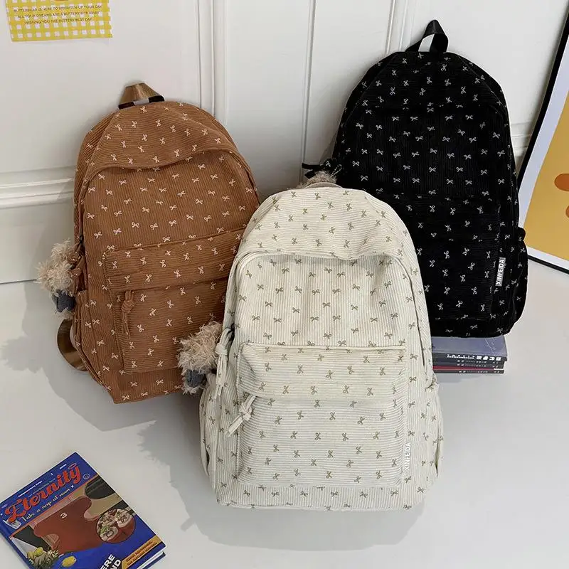 2026 New Corduroy Student Backpack with  Knot Versatile Large Capacity Commuter Shoulder Bag Quality Texture Ladies Bag