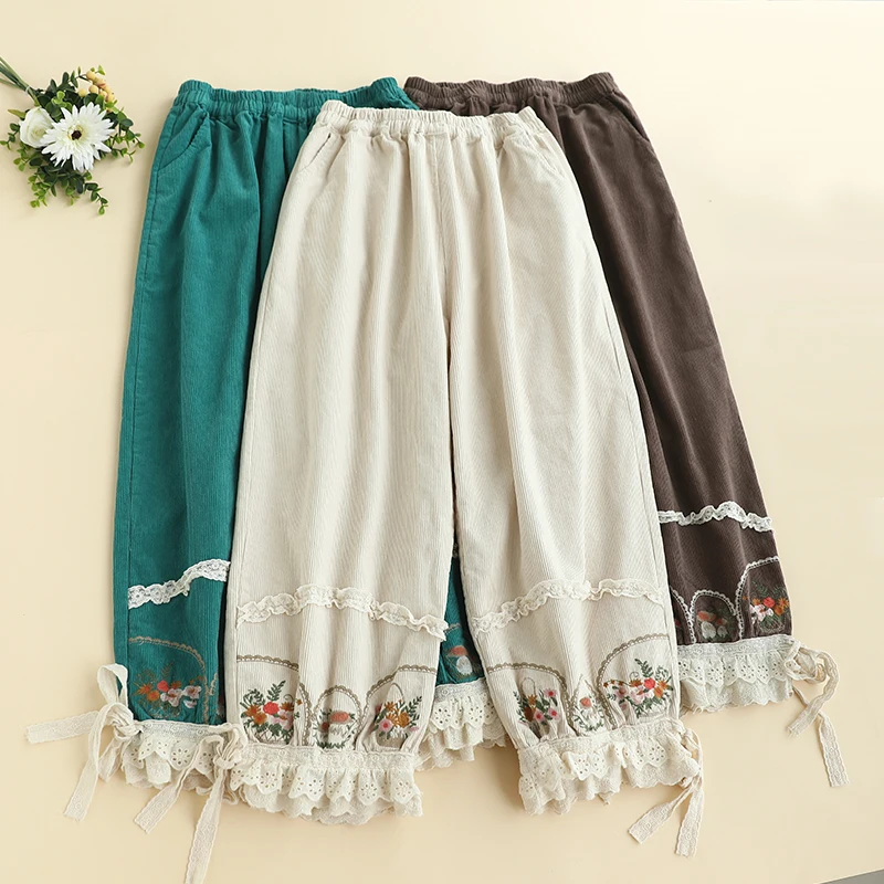 Autumn New Sweet Embroidered Corduroy Pants Women Elastic Waist Casual Pants