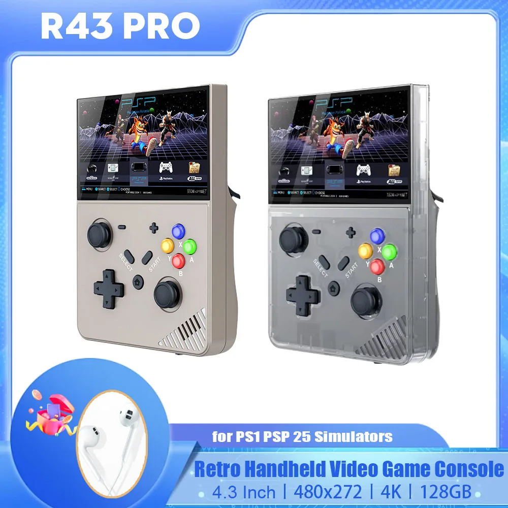 

R43 Pro Portable Handheld Game Console 4.3 Inch 480x272 4K Screen Retro Video Game Player for PS1 PSP 20000+ Games 25 Simulators