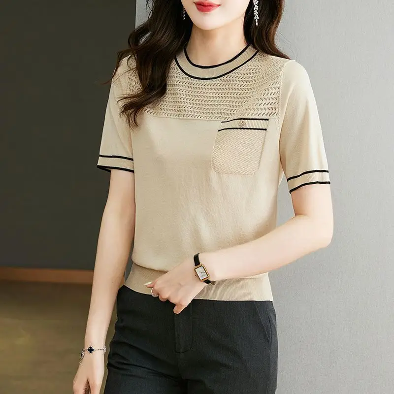 Ice Silk Short Sleeve T-shirt for Women in Summer New Thin Hollow Out Solid All-match Office Tops Tees Elegant Fashion Clothing