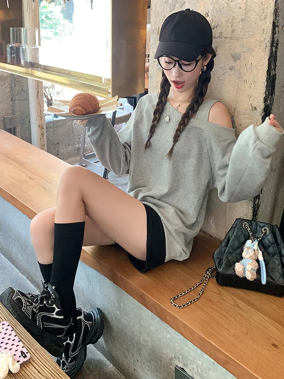 

Худи с открытыми плечами для девочек-подростков и старшеклассниц, модный корейский стиль, осенне-зимний, свободного кроя, с длинными рукавами, милый стиль